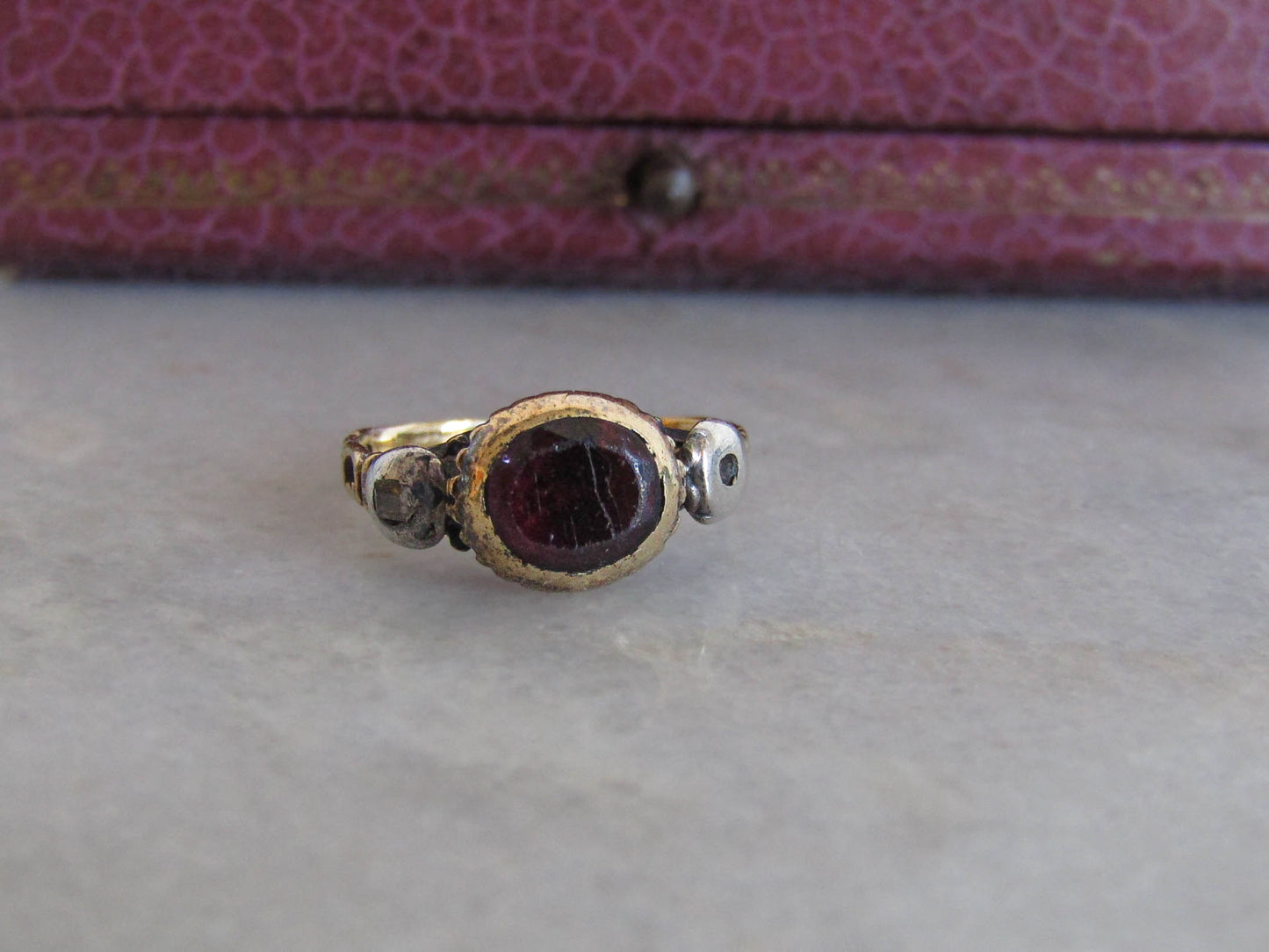 Rare 1750s Antique Georgian Ring with Garnet and table cut diamond