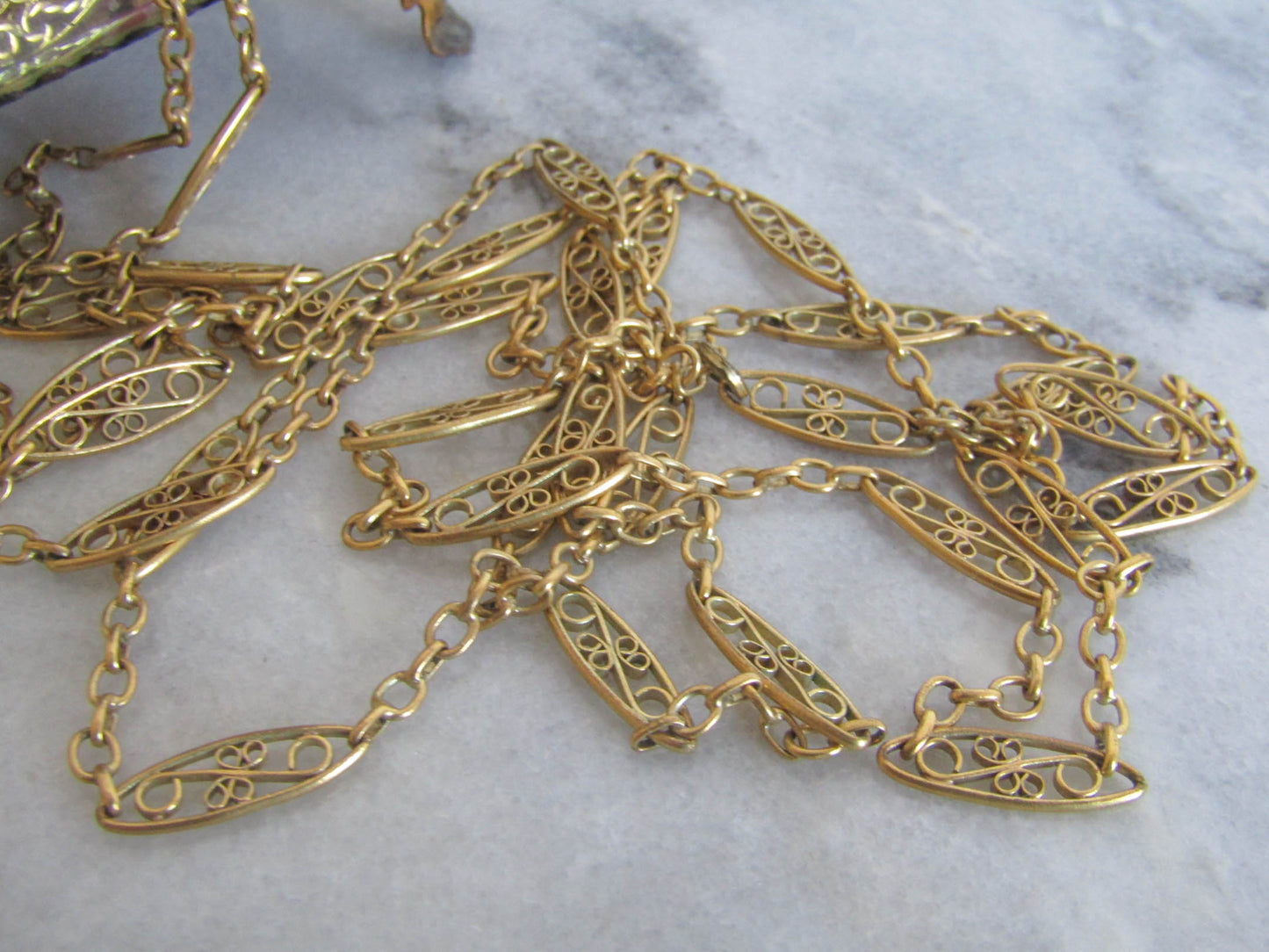48" Antique French Gold Filled Filigree Long Guard Chain, Long Muff Chain c. 1900