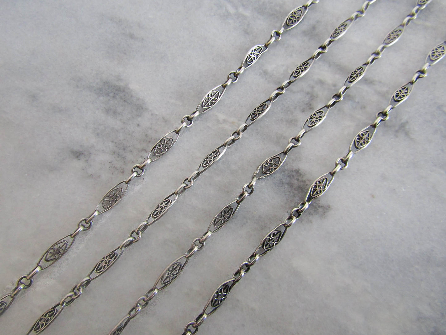 40" Antique Silver Filigree Heart Half Guard Chain, French Art Nouveau Necklace