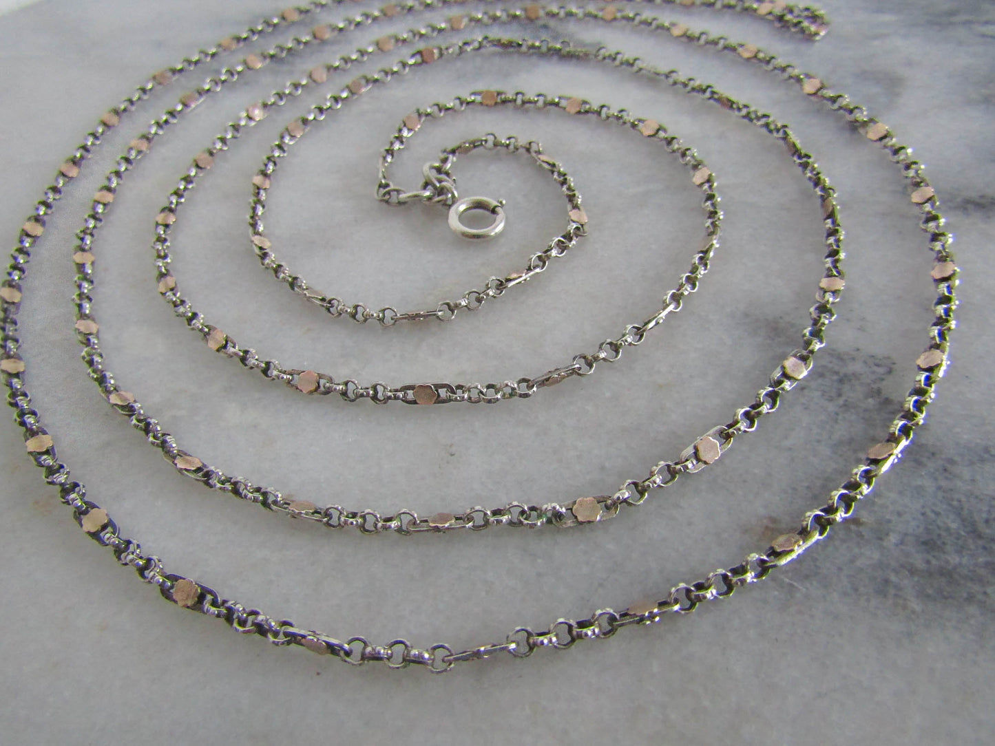 Antique Silver and Rose Gold Filled Long Guard Fancy Chain, Antique French 1800s Muff Chain