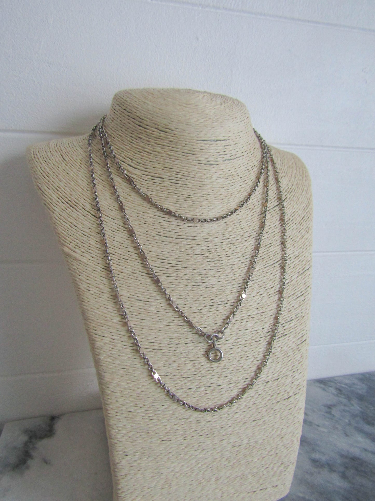 Antique Silver and Rose Gold Filled Long Guard Fancy Chain, Antique French 1800s Muff Chain