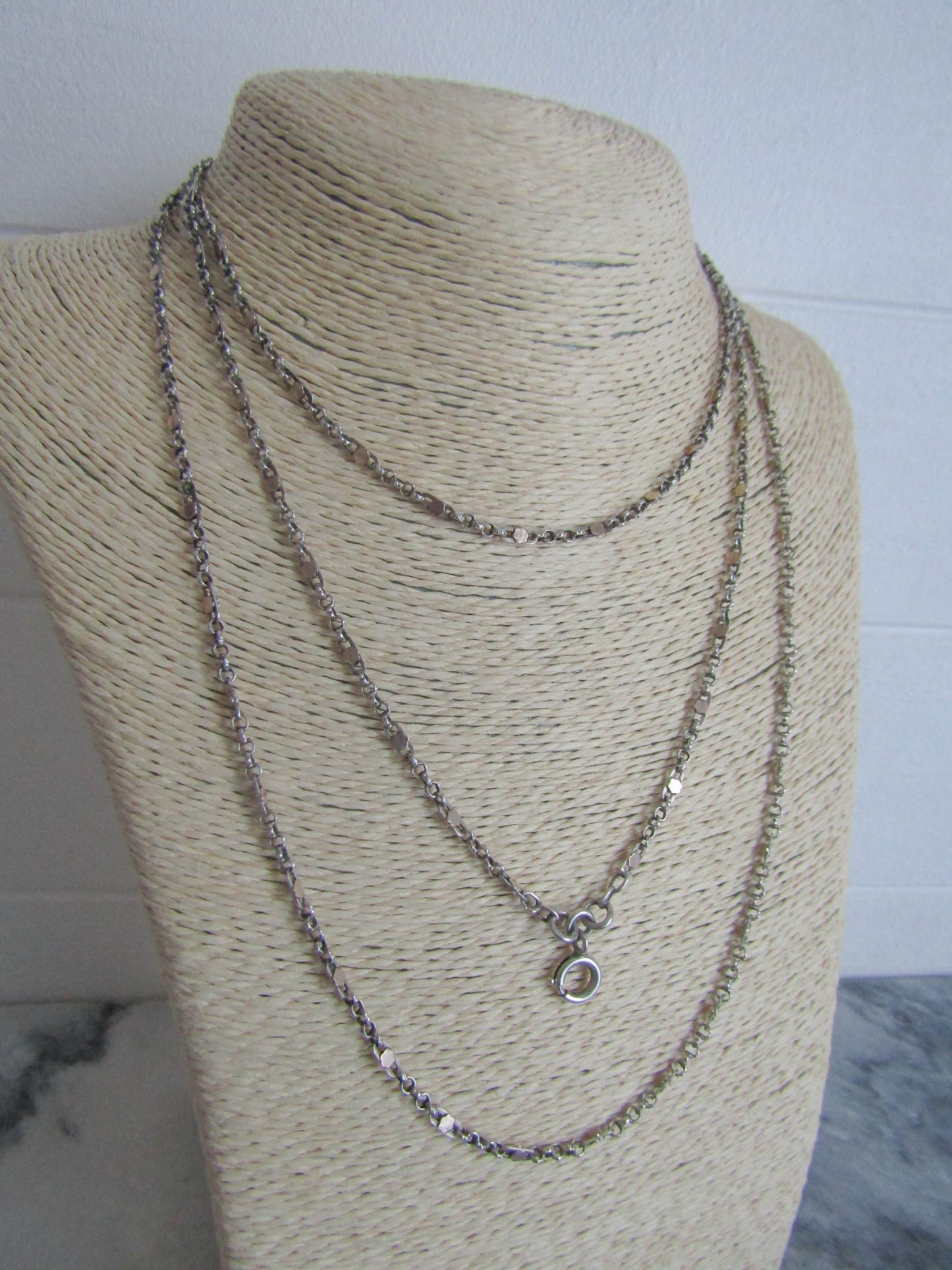 Antique Silver and Rose Gold Filled Long Guard Fancy Chain, Antique French 1800s Muff Chain