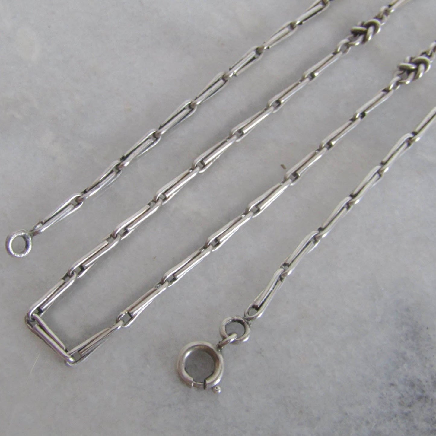 20" Antique Silver Trombone and Love Knot Fancy Link French Necklace c. 1900
