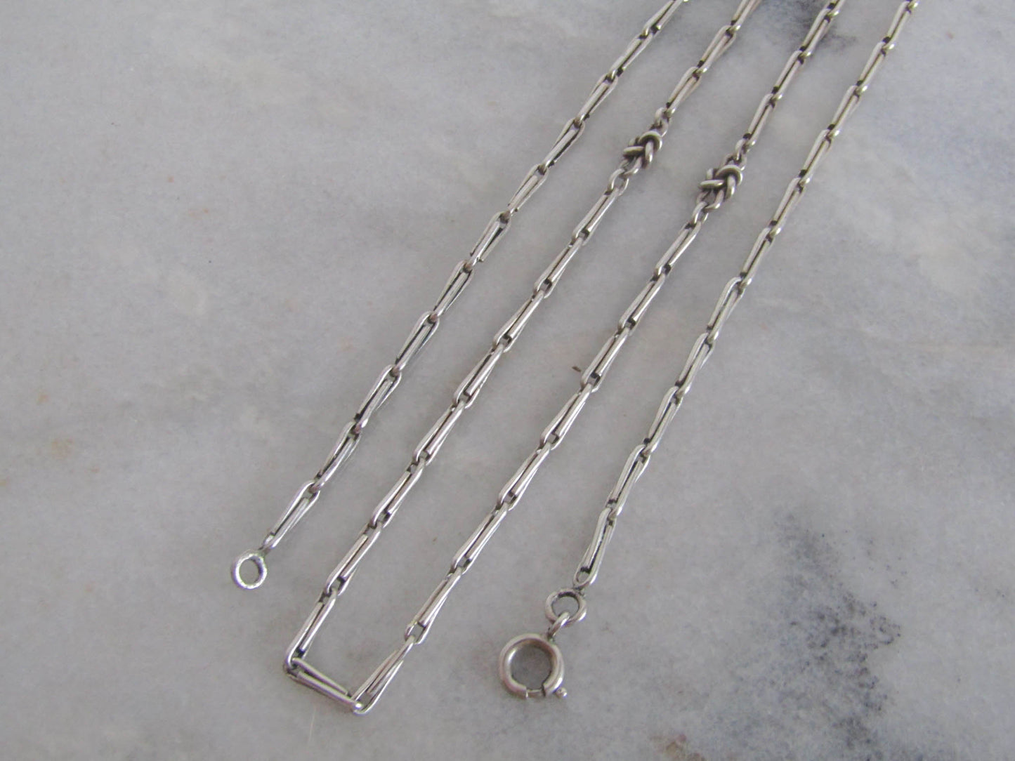 20" Antique Silver Trombone and Love Knot Fancy Link French Necklace c. 1900