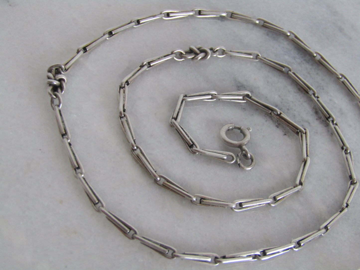 20" Antique Silver Trombone and Love Knot Fancy Link French Necklace c. 1900