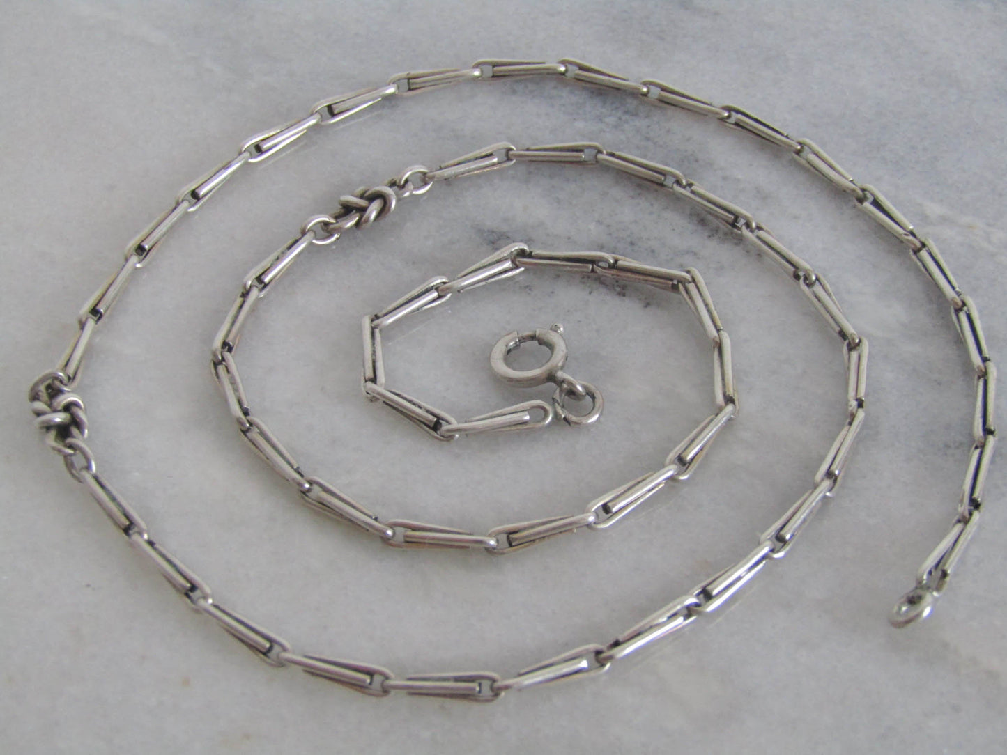 20" Antique Silver Trombone and Love Knot Fancy Link French Necklace c. 1900