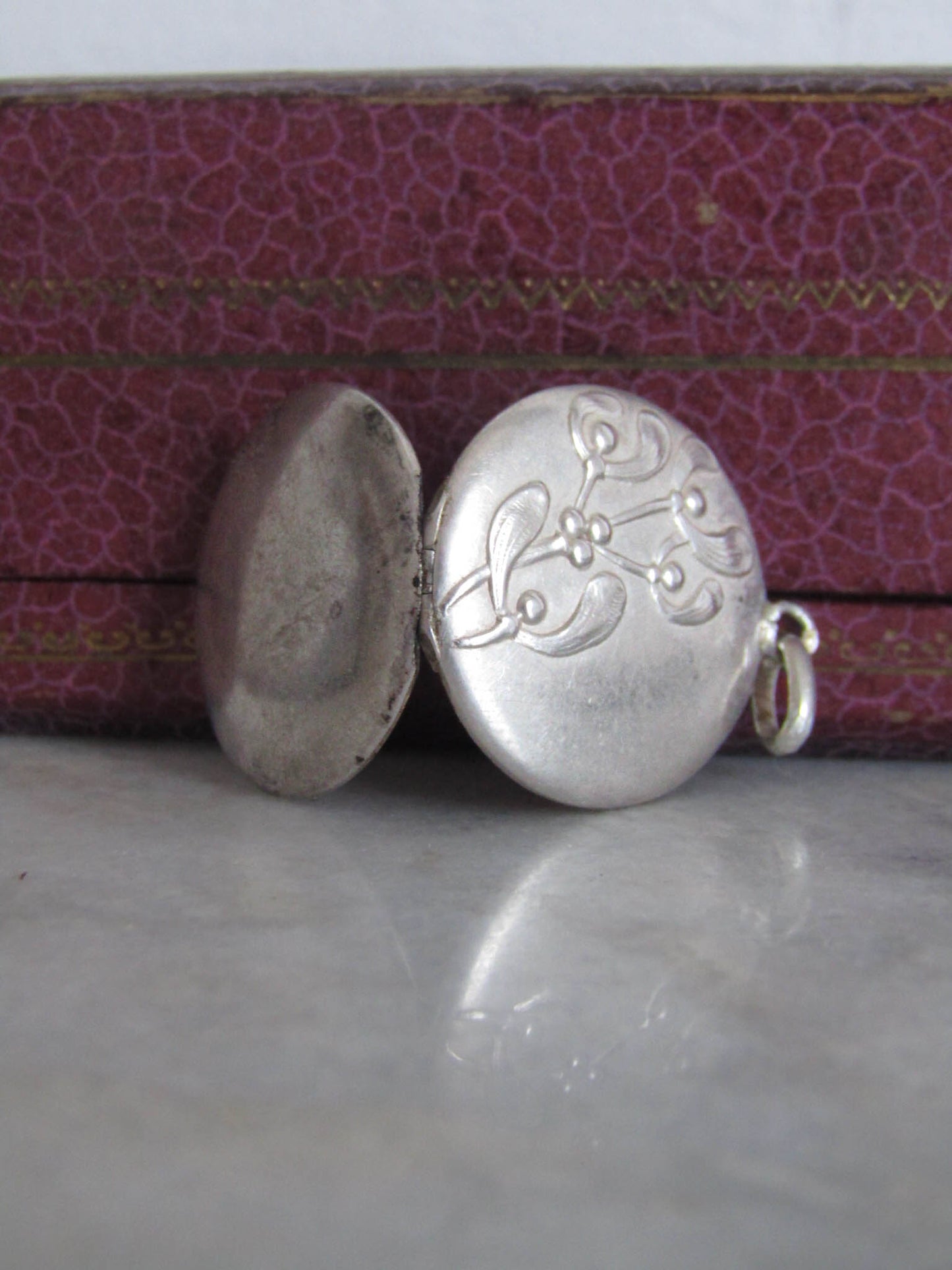 Antique Art Nouveau French Silver Mistletoe Round Locket