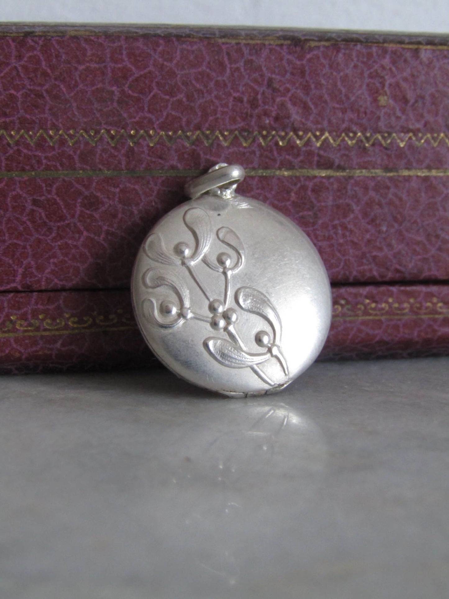 Antique Art Nouveau French Silver Mistletoe Round Locket