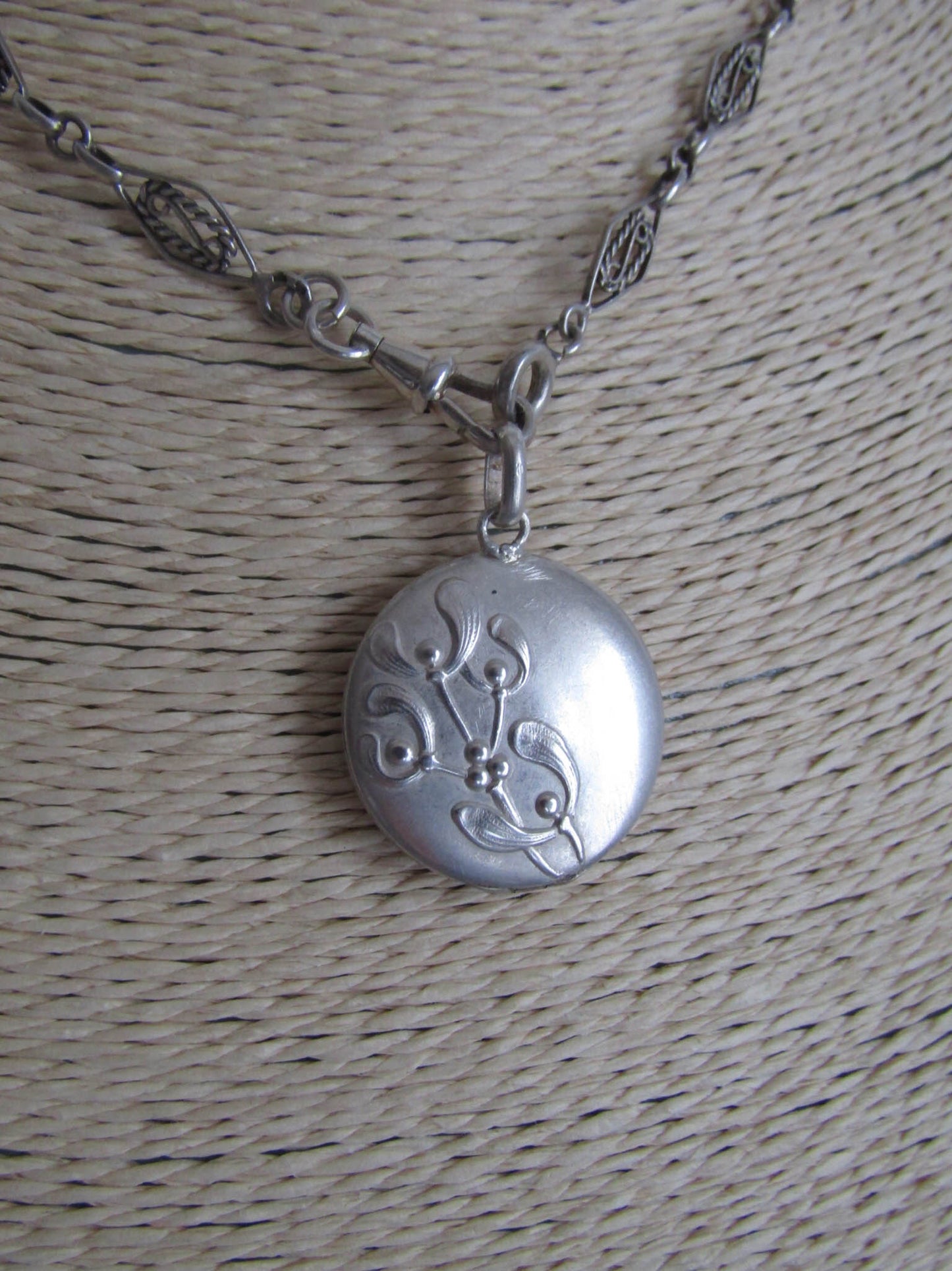 Antique Art Nouveau French Silver Mistletoe Round Locket