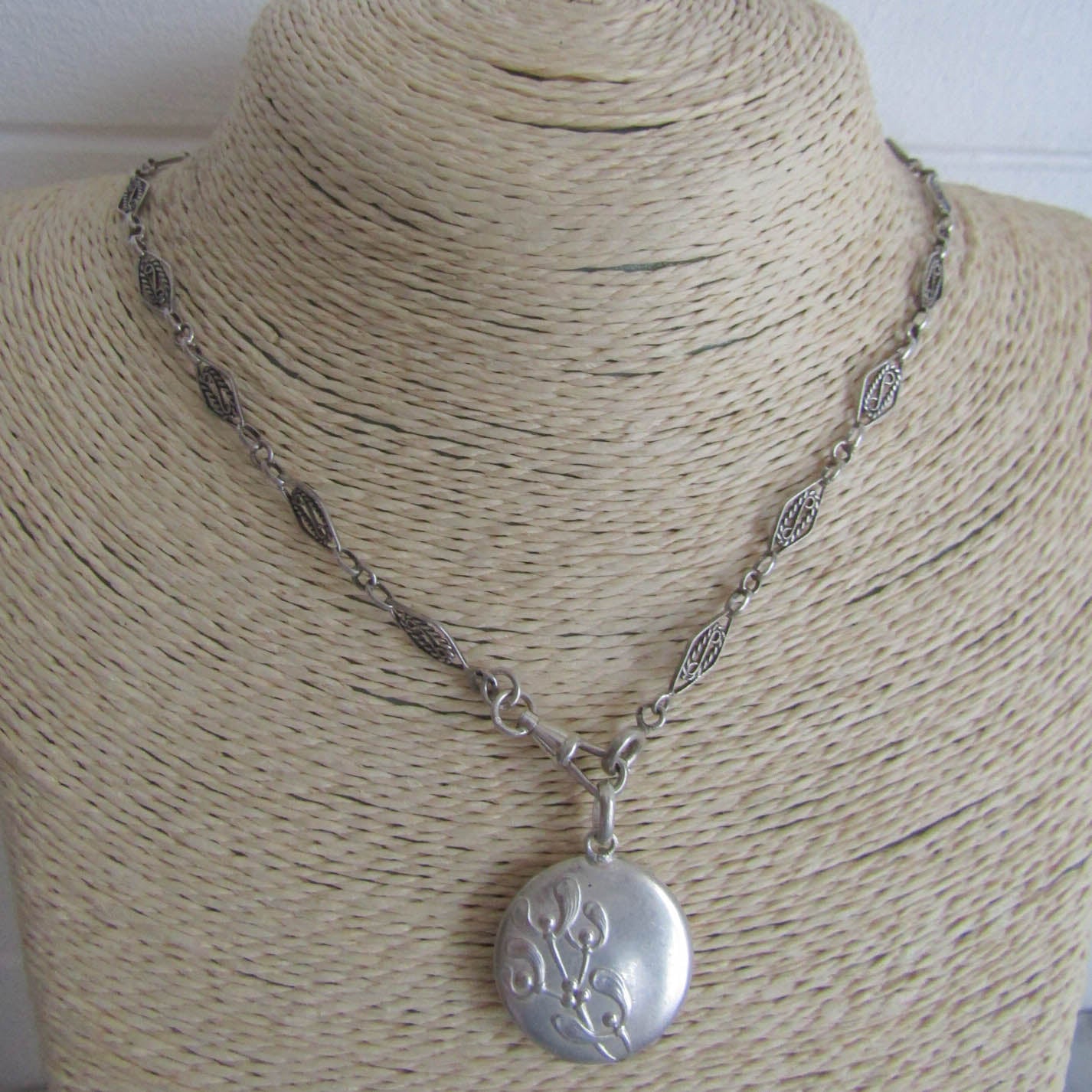 Antique Art Nouveau French Silver Mistletoe Round Locket