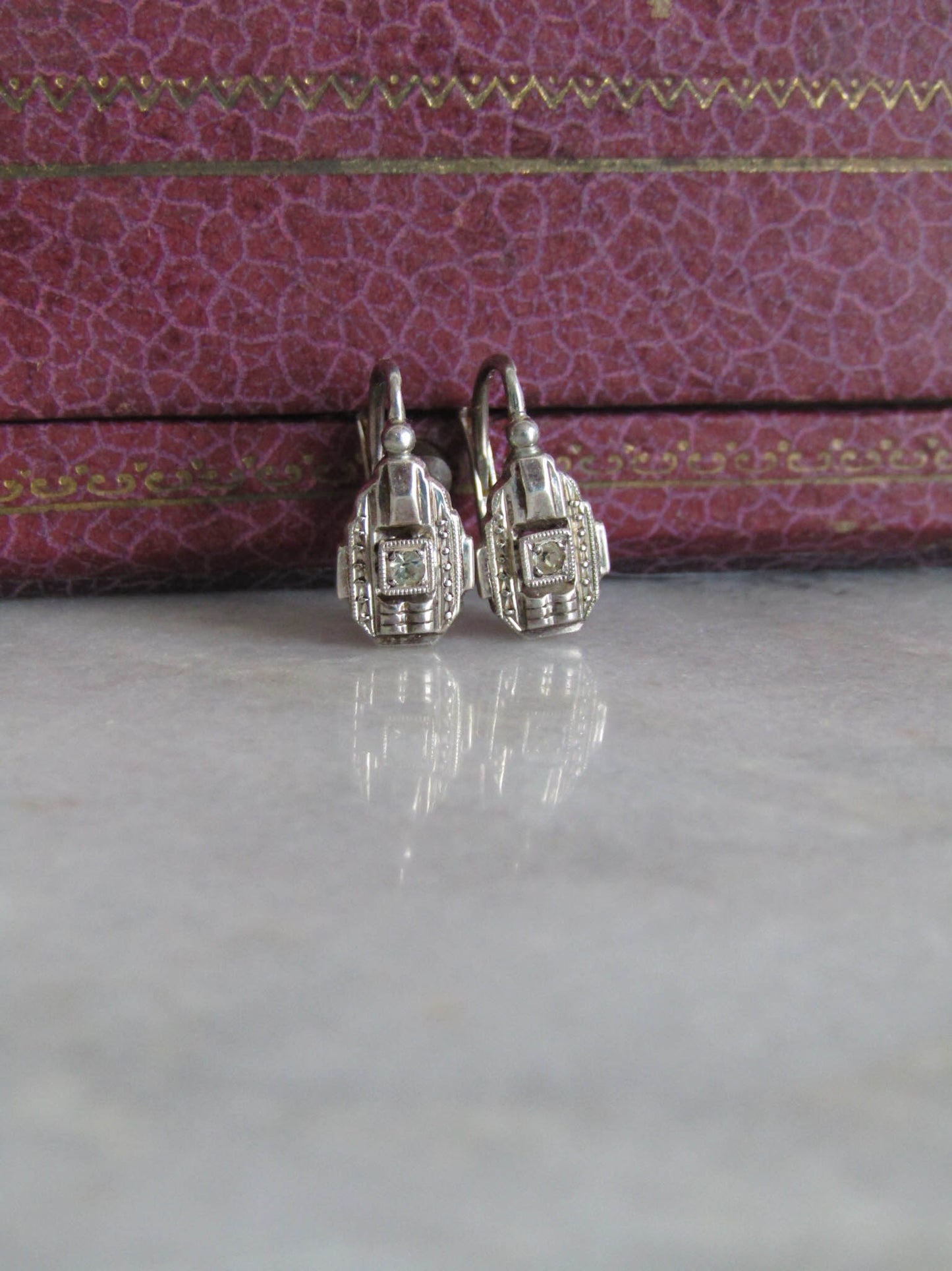 Vintage Solid Silver Art Deco Dormeuse Earrings, Deadstock French Art Deco Hinged Drop Earrings