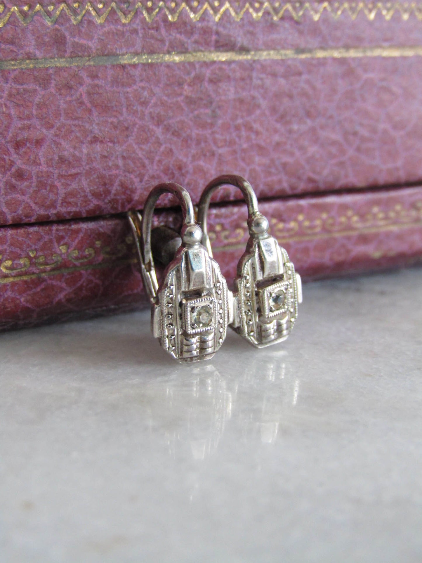 Vintage Solid Silver Art Deco Dormeuse Earrings, Deadstock French Art Deco Hinged Drop Earrings
