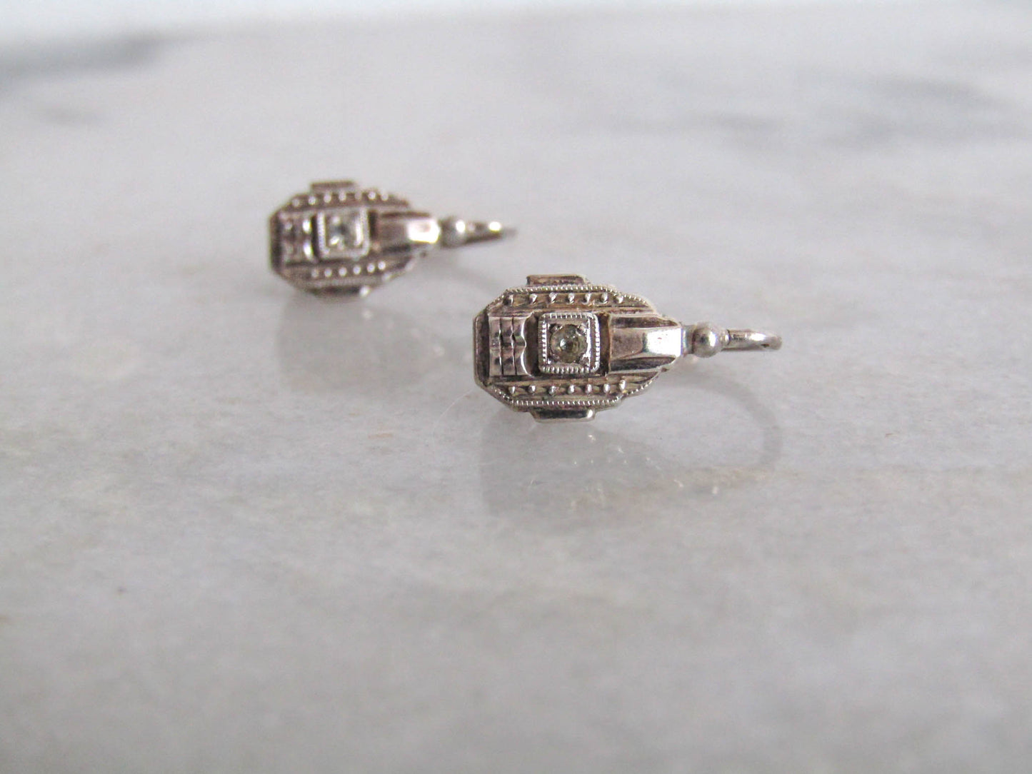 Vintage Solid Silver Art Deco Dormeuse Earrings, Deadstock French Art Deco Hinged Drop Earrings
