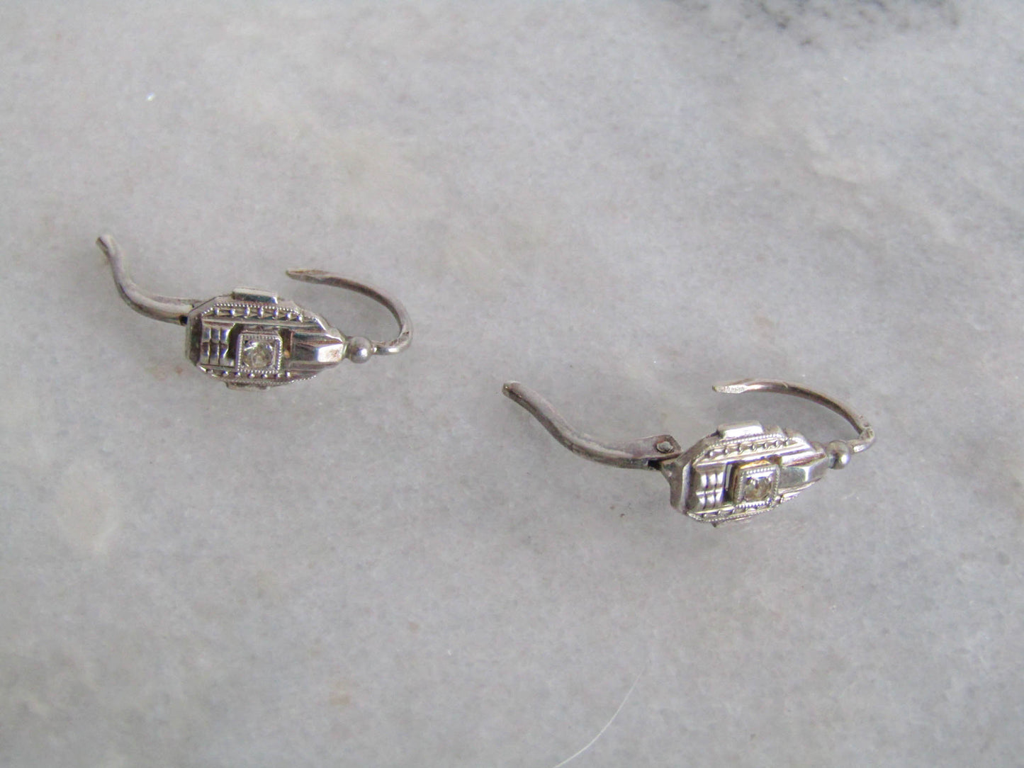Vintage Solid Silver Art Deco Dormeuse Earrings, Deadstock French Art Deco Hinged Drop Earrings