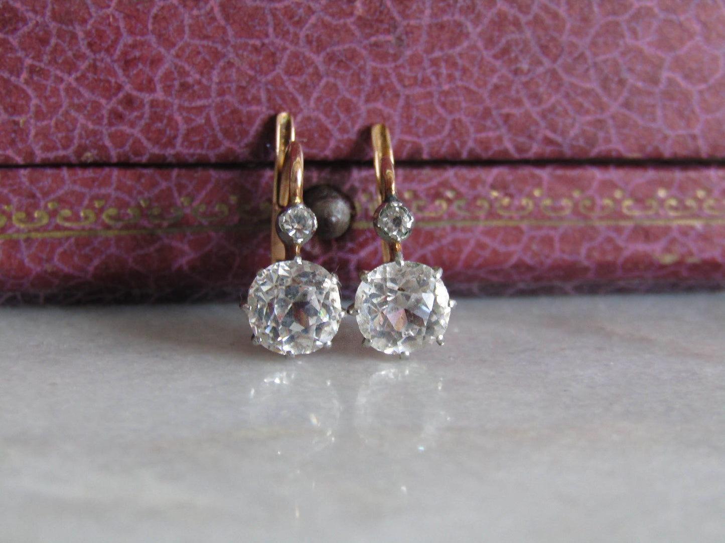 Antique French 18K Solid Gold Old Mine Cut Paste Sleeper Earrings