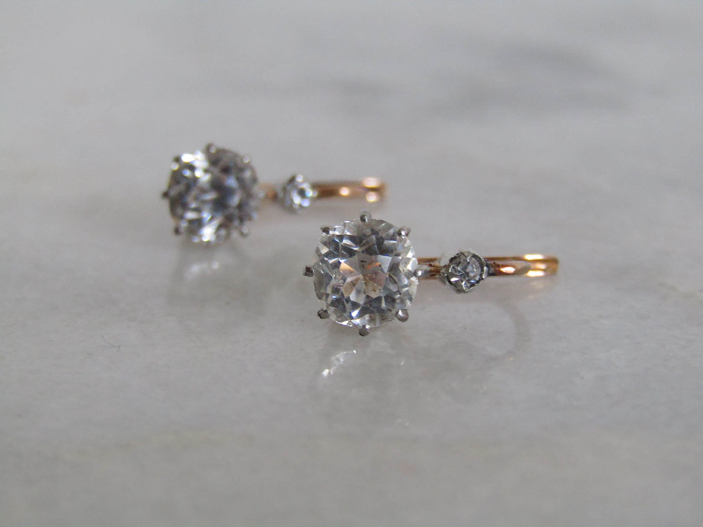 Antique French 18K Solid Gold Old Mine Cut Paste Sleeper Earrings