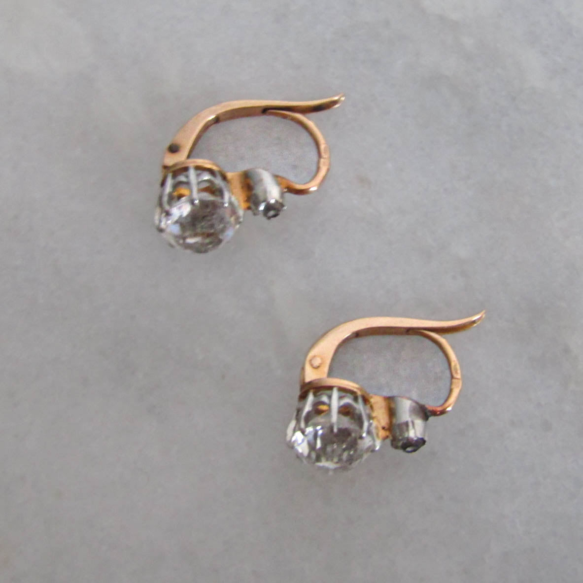 Antique French 18K Solid Gold Old Mine Cut Paste Sleeper Earrings