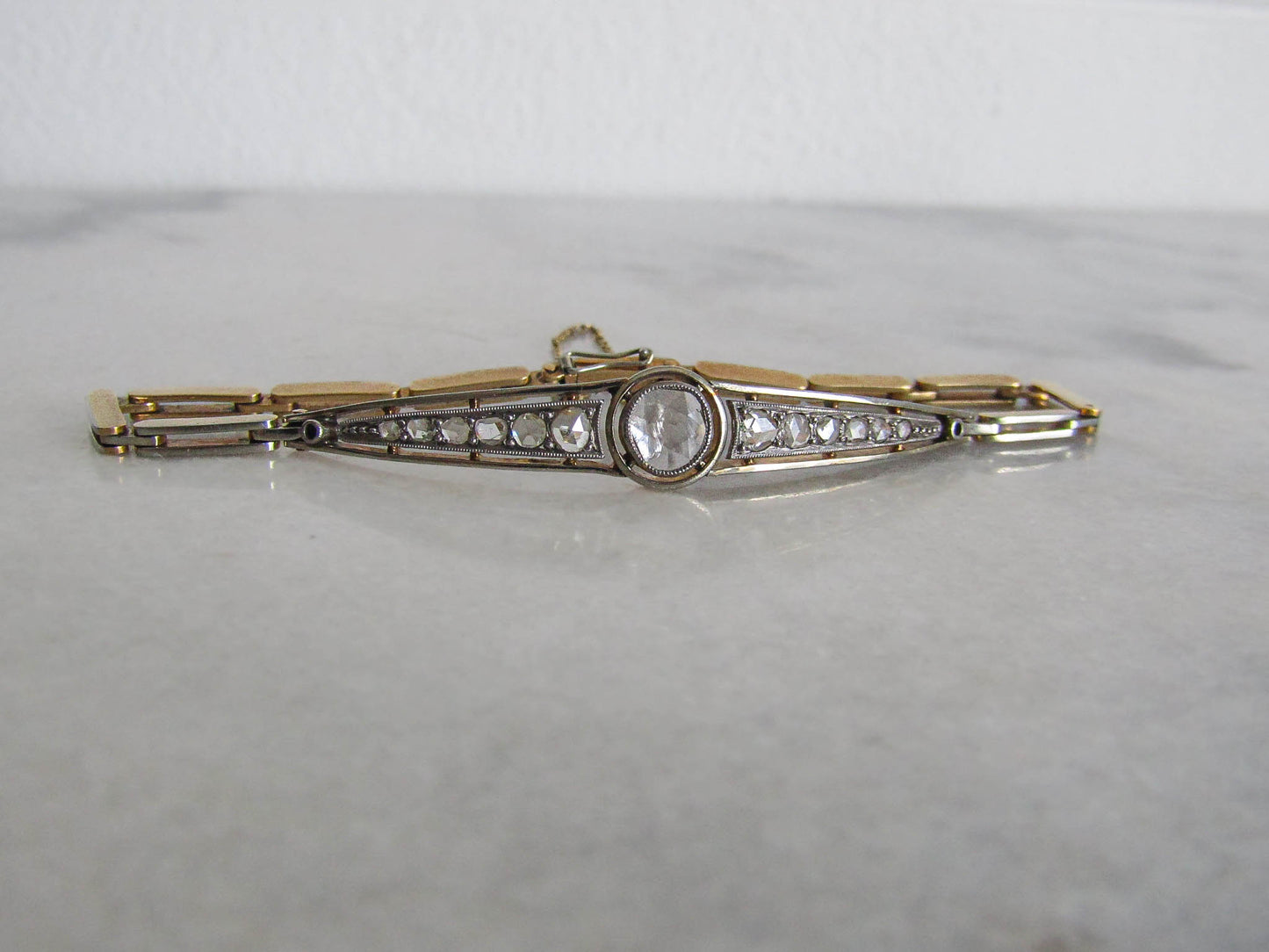 Antique 18K Solid Gold French Edwardian Rose Cut Diamond Bracelet c. 1890