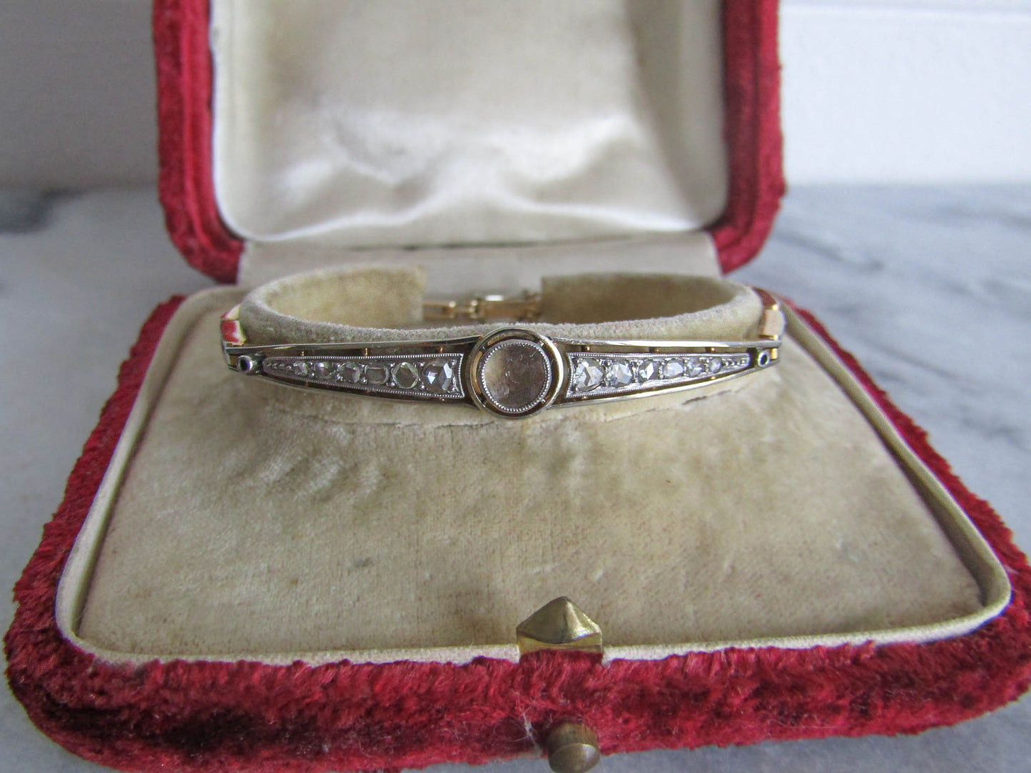 Antique 18K Solid Gold French Edwardian Rose Cut Diamond Bracelet c. 1890
