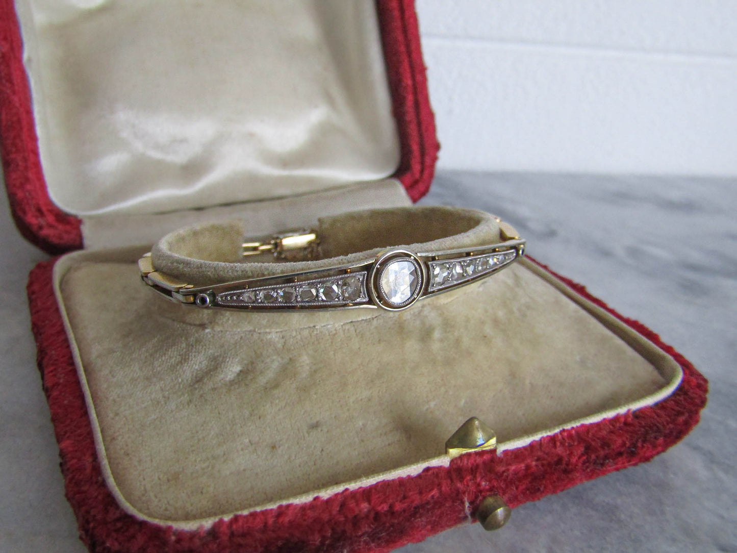 Antique 18K Solid Gold French Edwardian Rose Cut Diamond Bracelet c. 1890
