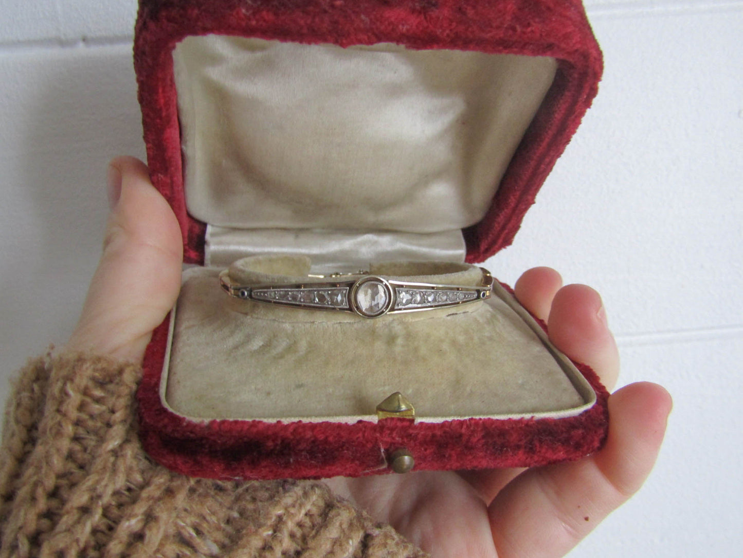 Antique 18K Solid Gold French Edwardian Rose Cut Diamond Bracelet c. 1890