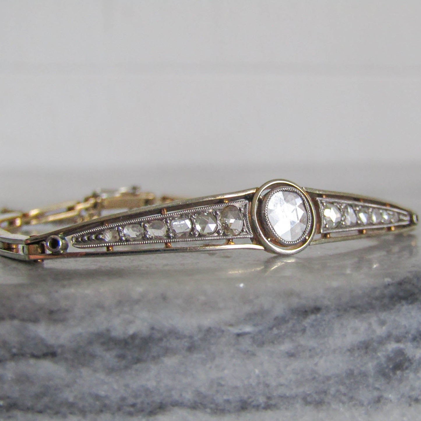 Antique 18K Solid Gold French Edwardian Rose Cut Diamond Bracelet c. 1890
