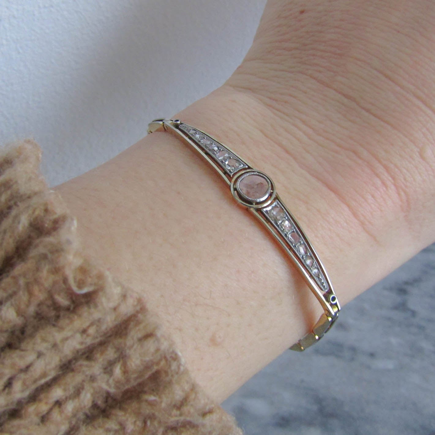 Antique 18K Solid Gold French Edwardian Rose Cut Diamond Bracelet c. 1890