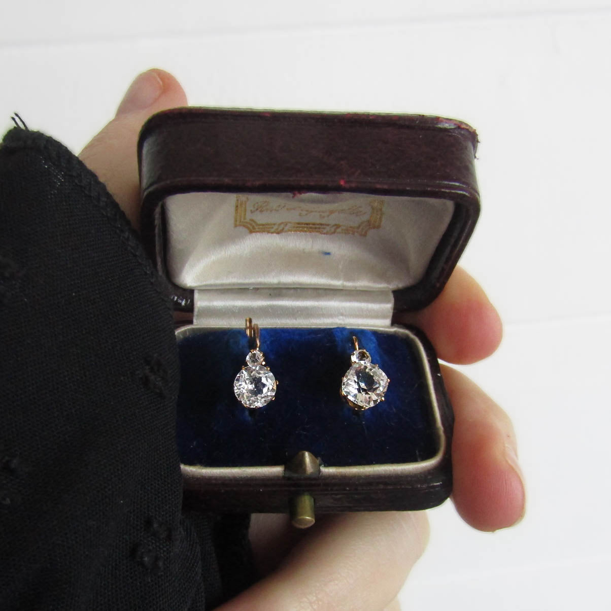 Antique French 18K Solid Gold Old Mine Cut Paste Sleeper Earrings