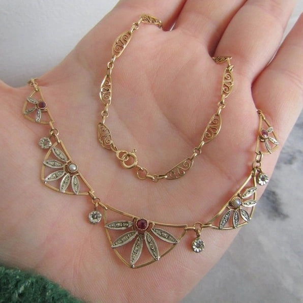 Antique 18K Gold Ruby and Diamond Chip Art Deco Necklace, Drapery Choker Necklace c. 1920