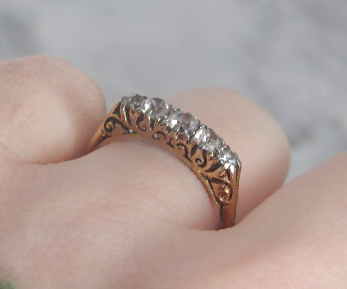 Antique Edwardian Solid 18K Solid Gold 5 stone old cut Diamond Engagement Ring
