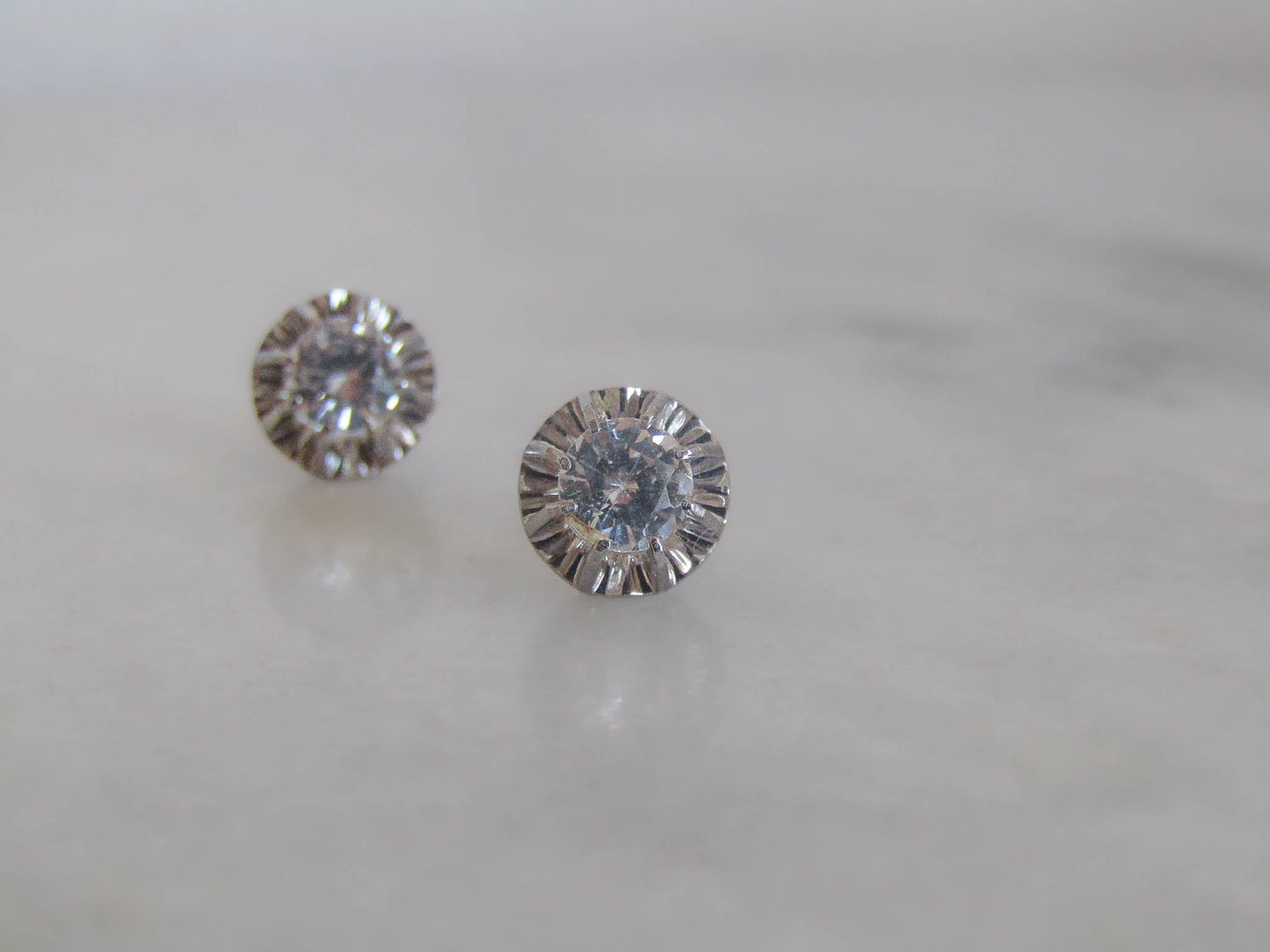 18K White Gold Art Deco White Spinel Post Screw Back Earrings c. 1930
