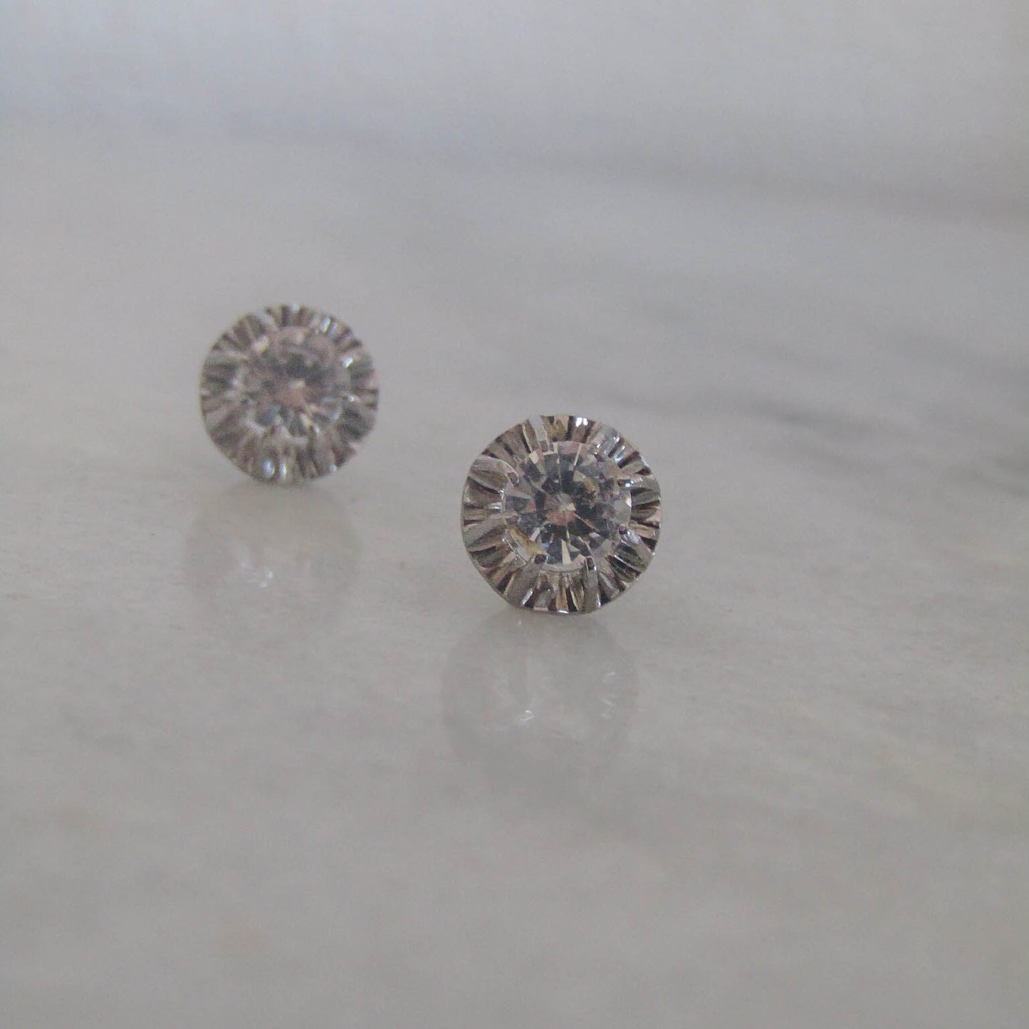 18K White Gold Art Deco White Spinel Post Screw Back Earrings c. 1930