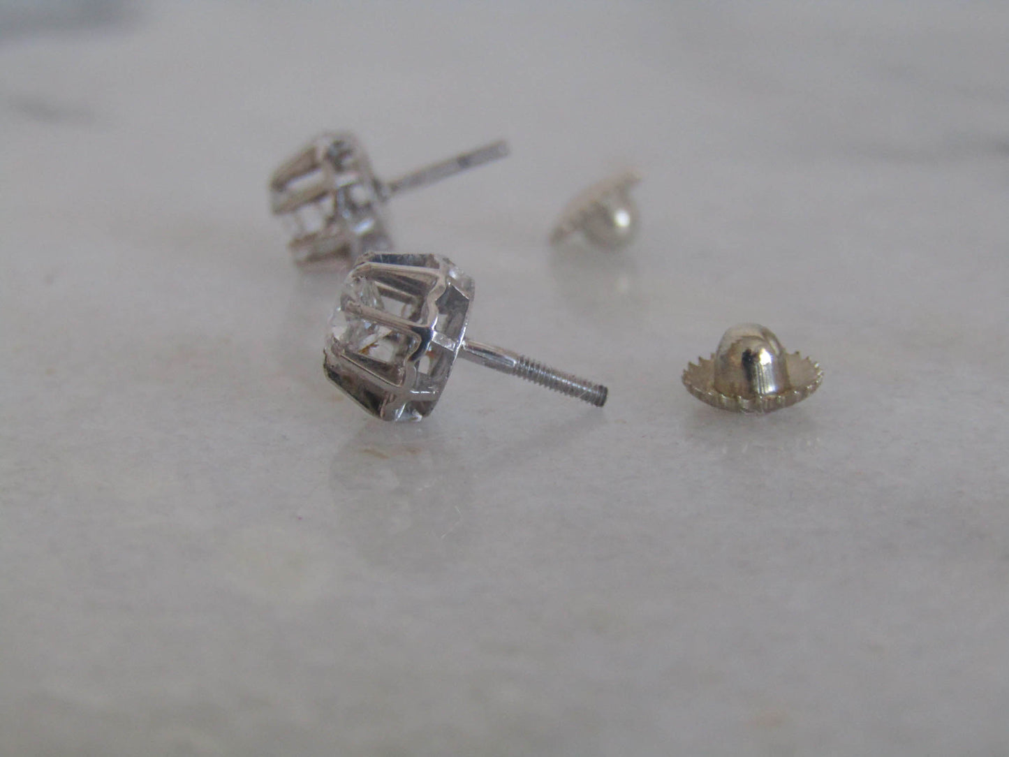 18K White Gold Art Deco White Spinel Post Screw Back Earrings c. 1930