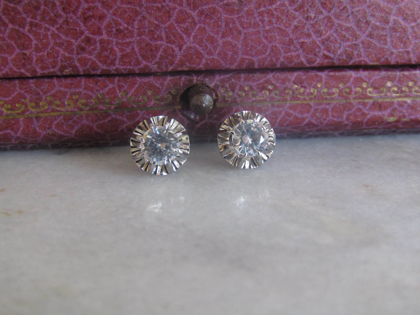 18K White Gold Art Deco White Spinel Post Screw Back Earrings c. 1930