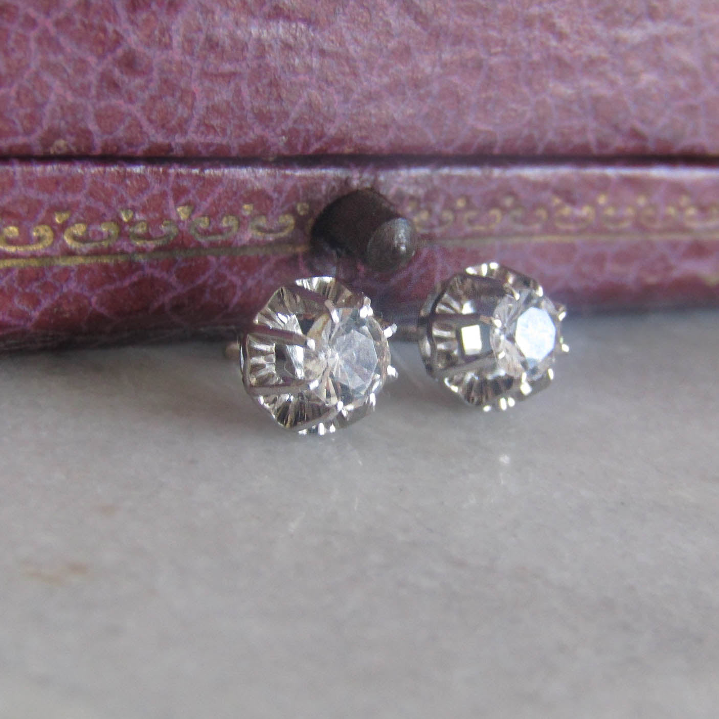 18K White Gold Art Deco White Spinel Post Screw Back Earrings c. 1930