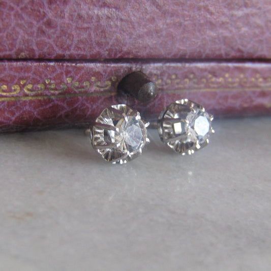 18K White Gold Art Deco White Spinel Post Screw Back Earrings c. 1930