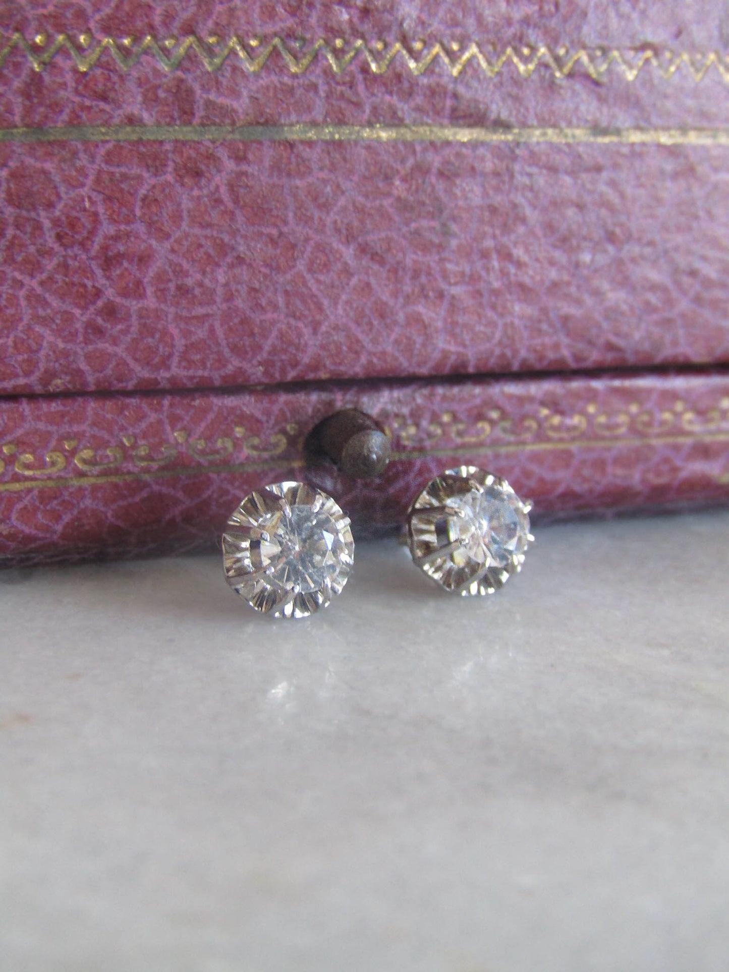 18K White Gold Art Deco White Spinel Post Screw Back Earrings c. 1930