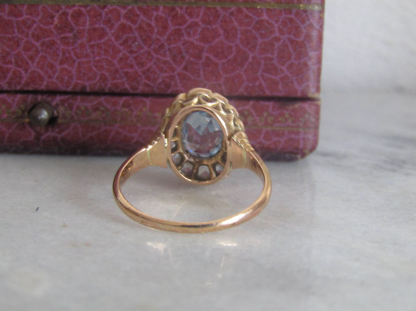 Antique Edwardian French 18k Solid Gold Synthetic Blue Spinel Halo Ring c. 1910