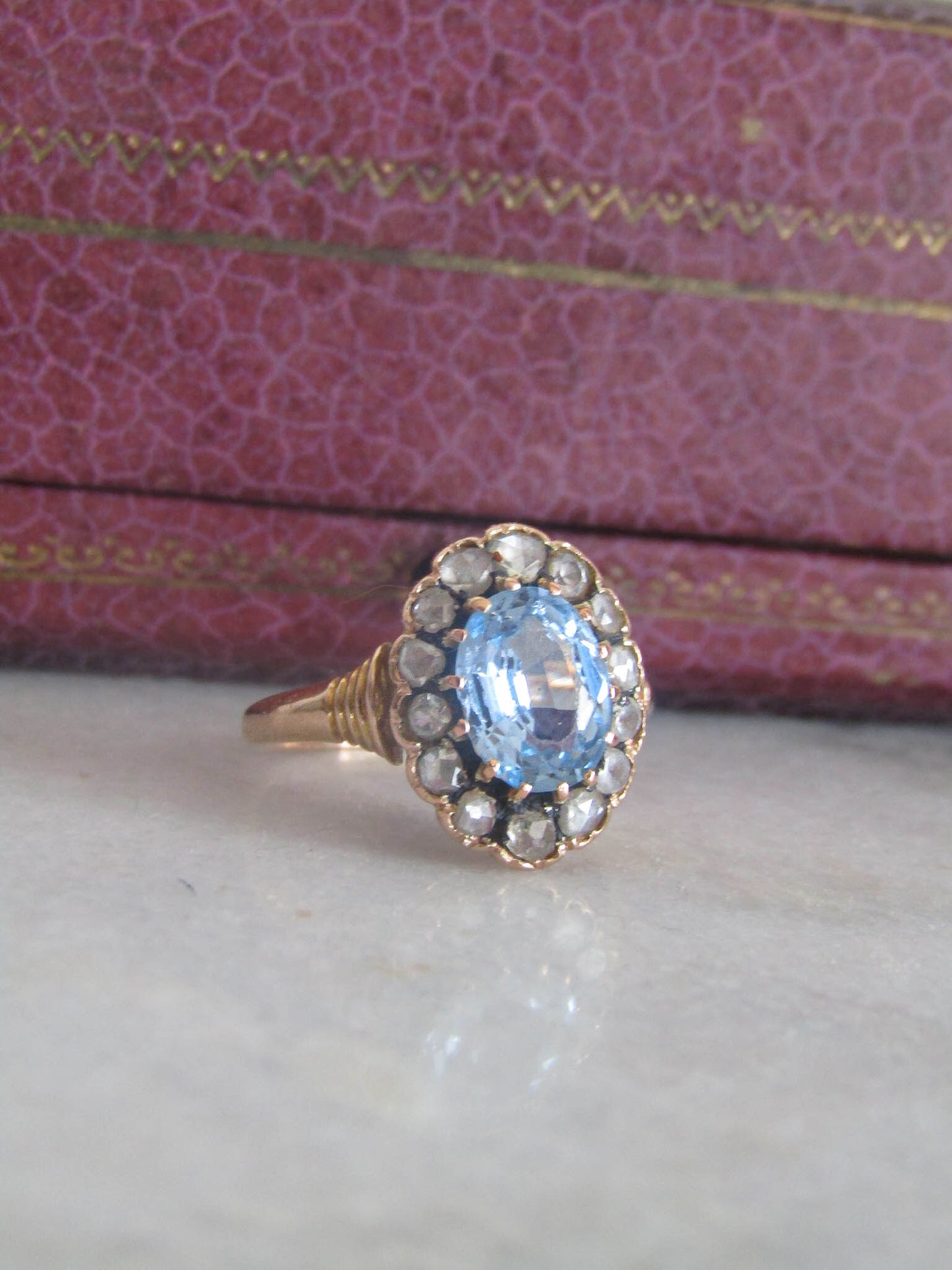Antique Edwardian French 18k Solid Gold Synthetic Blue Spinel Halo Ring c. 1910