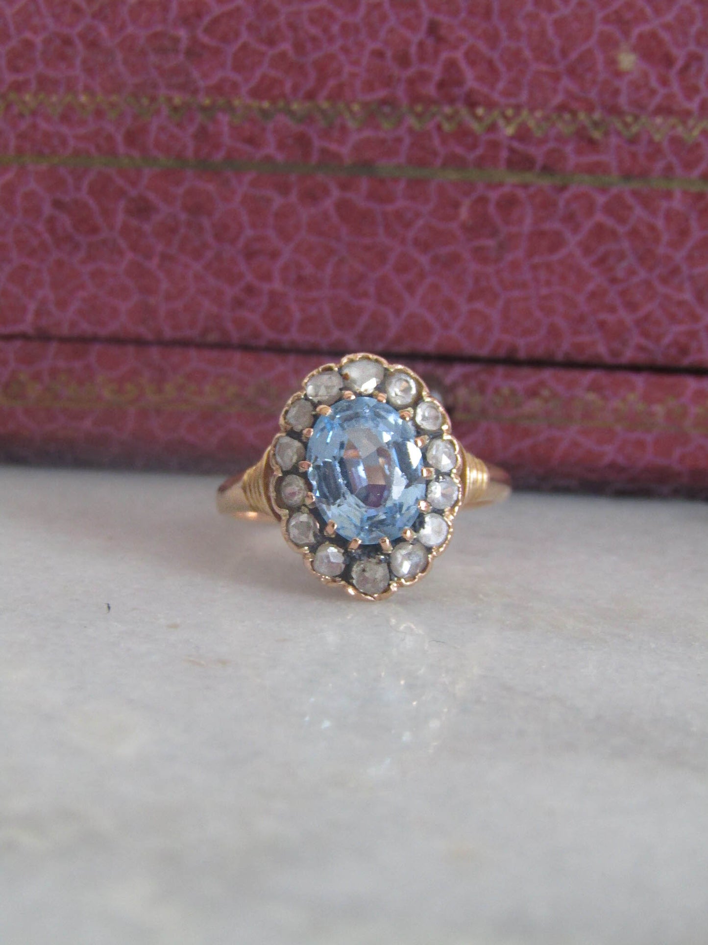 Antique Edwardian French 18k Solid Gold Synthetic Blue Spinel Halo Ring c. 1910