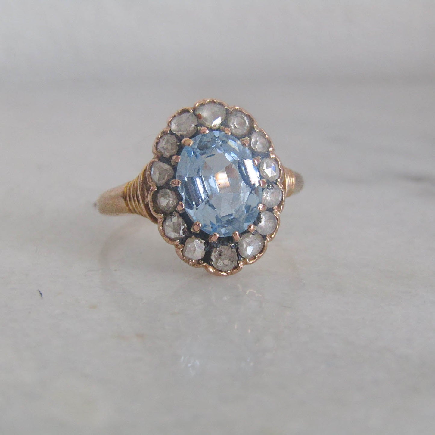 Antique Edwardian French 18k Solid Gold Synthetic Blue Spinel Halo Ring c. 1910