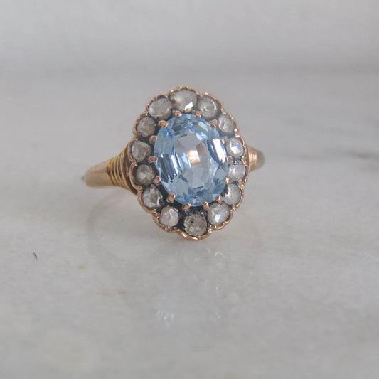 Antique Edwardian French 18k Solid Gold Synthetic Blue Spinel Halo Ring c. 1910