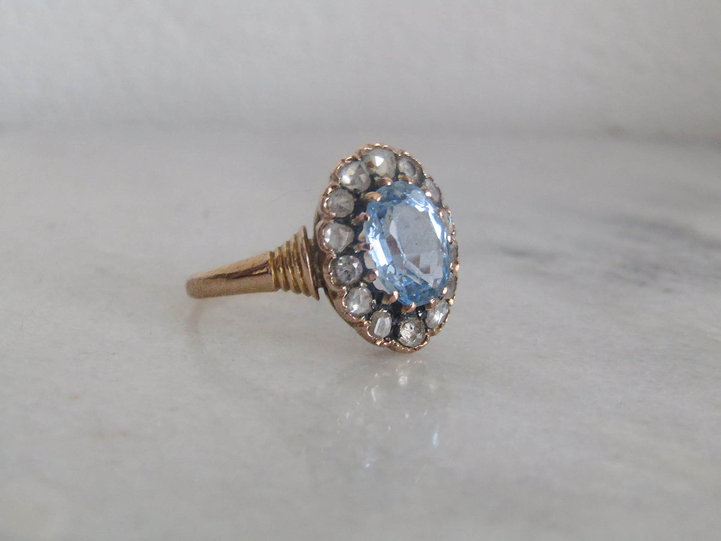 Antique Edwardian French 18k Solid Gold Synthetic Blue Spinel Halo Ring c. 1910