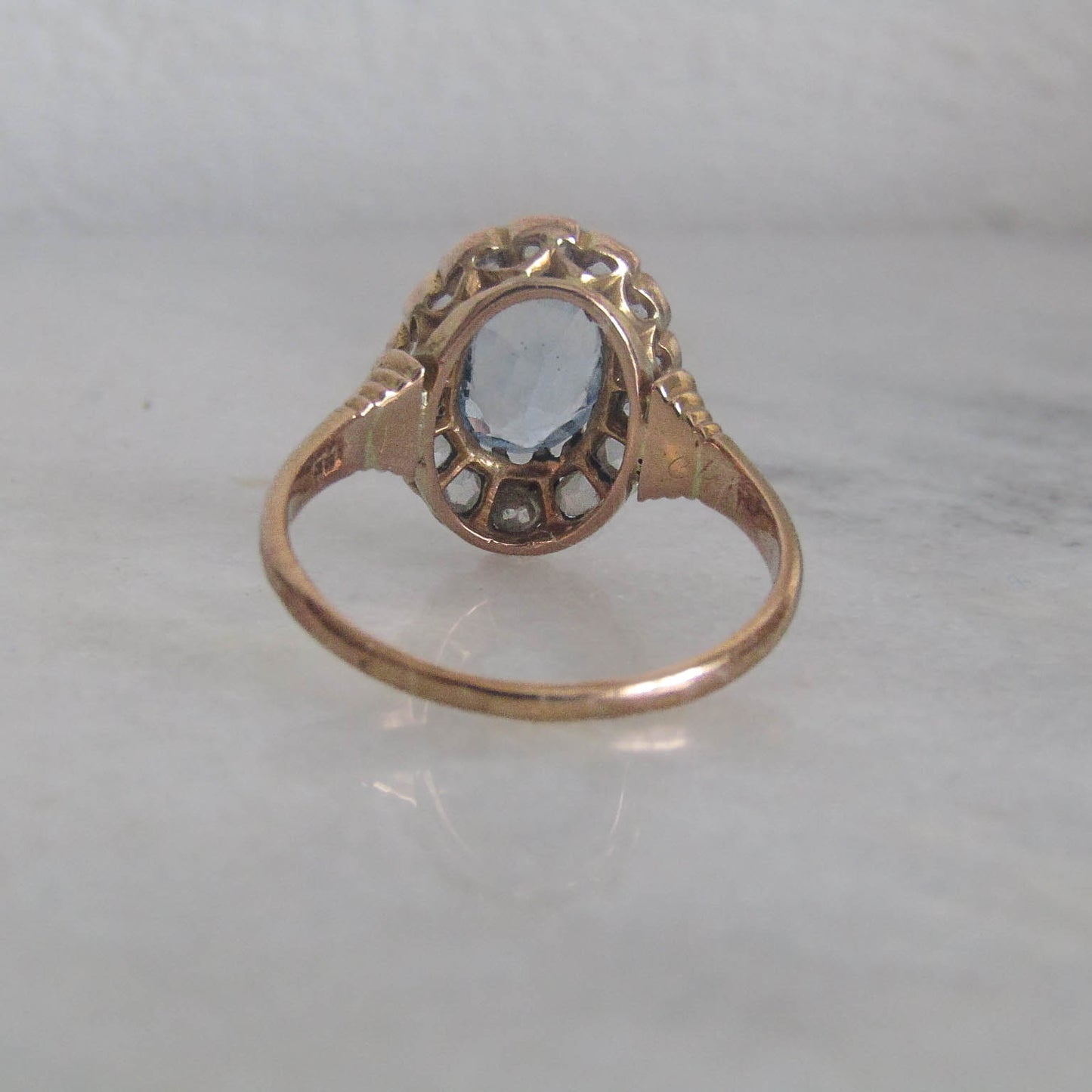 Antique Edwardian French 18k Solid Gold Synthetic Blue Spinel Halo Ring c. 1910