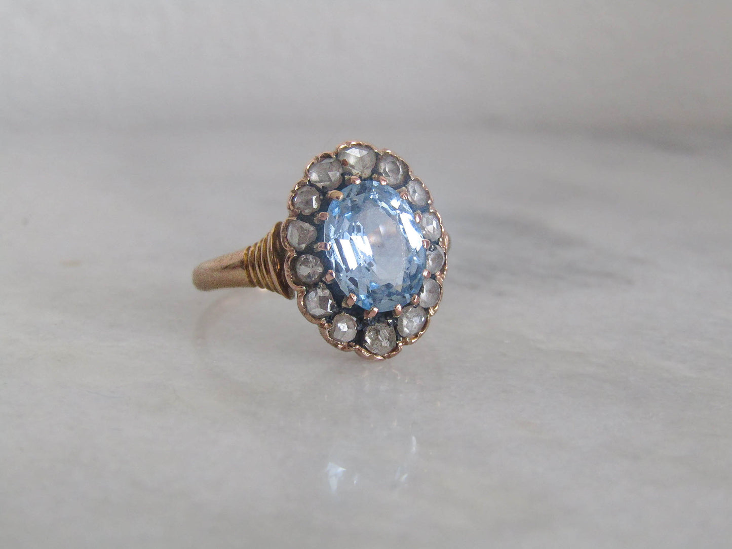 Antique Edwardian French 18k Solid Gold Synthetic Blue Spinel Halo Ring c. 1910