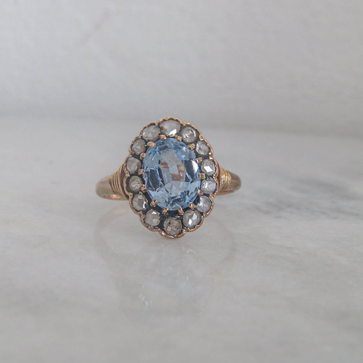 Antique Edwardian French 18k Solid Gold Synthetic Blue Spinel Halo Ring c. 1910