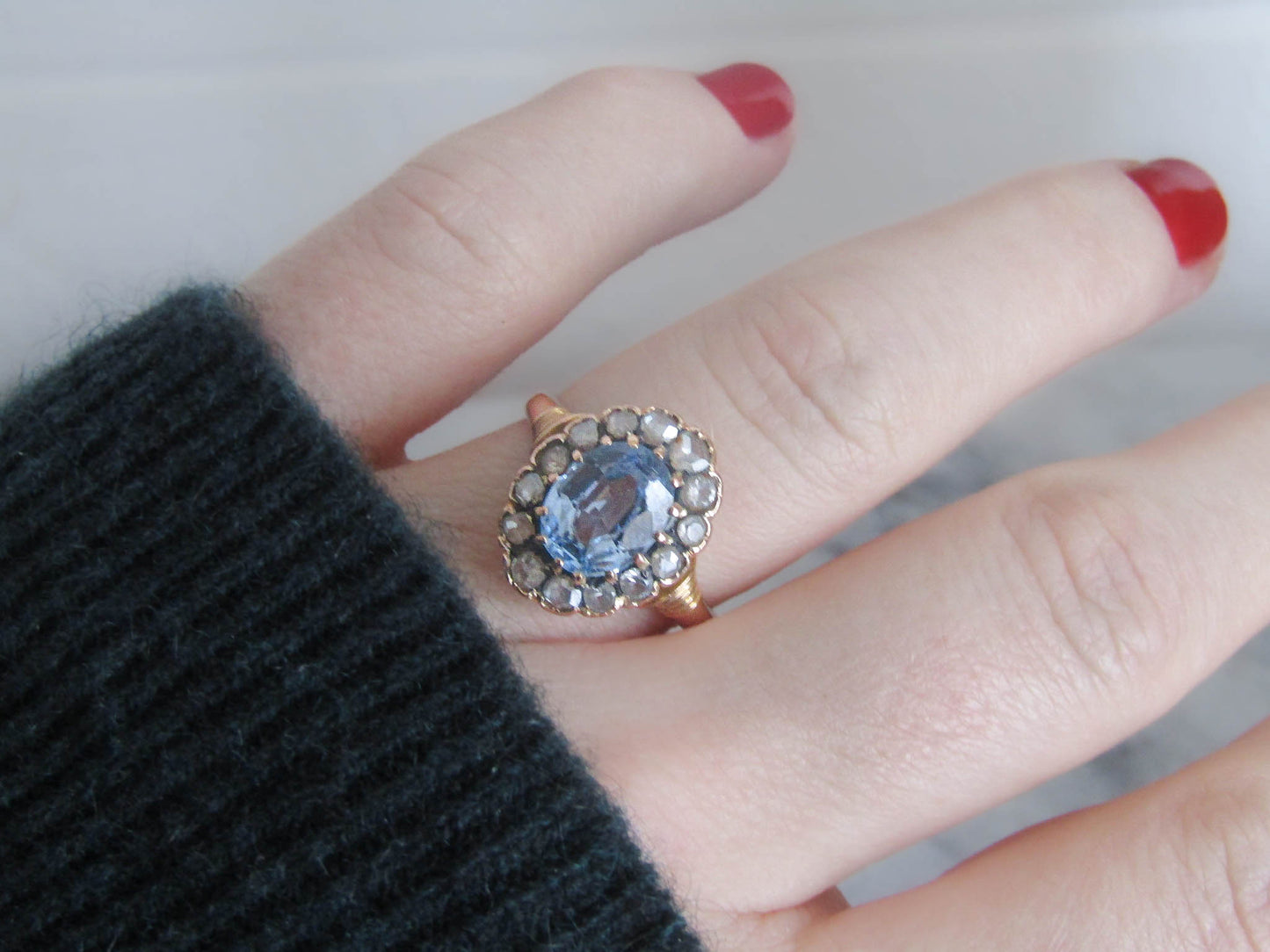 Antique Edwardian French 18k Solid Gold Synthetic Blue Spinel Halo Ring c. 1910