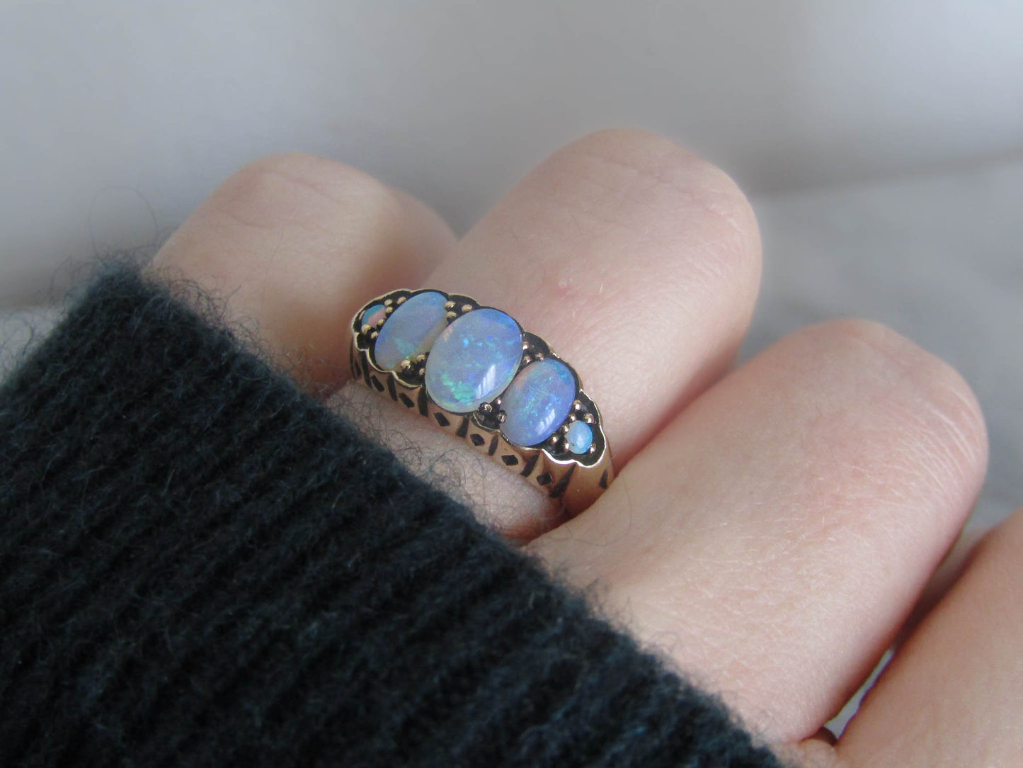 Antique Edwardian Five Stone Opal Ring 9K Stackable Ring c. 1900