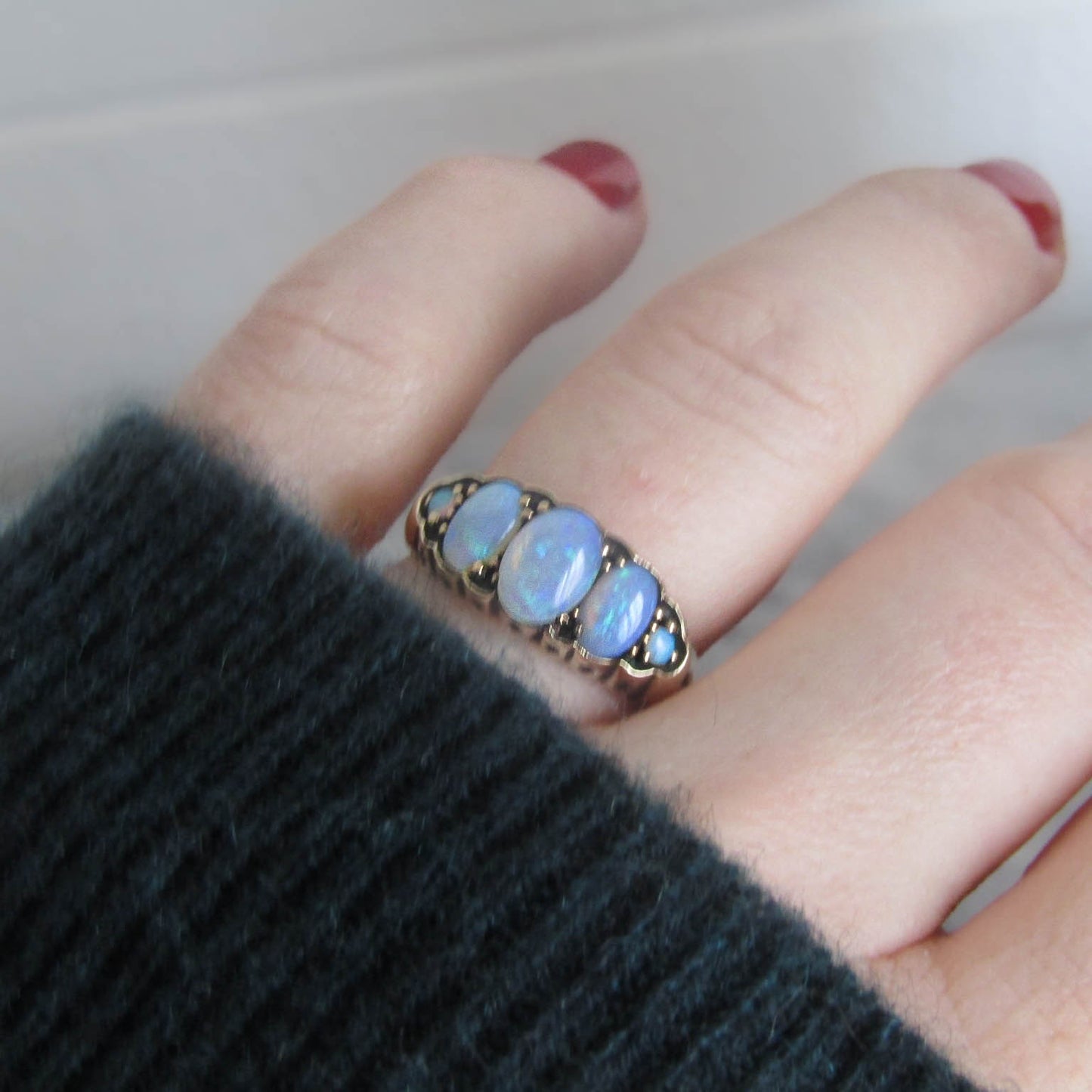 Antique Edwardian Five Stone Opal Ring 9K Stackable Ring c. 1900