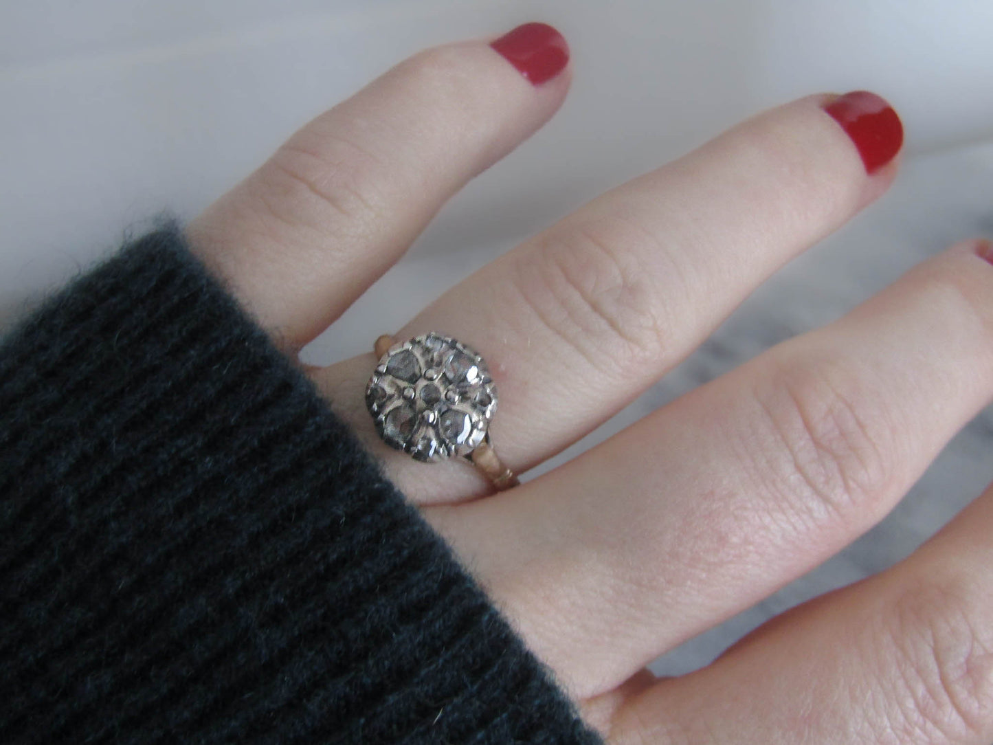 Antique Georgian Revival Dutch 14K Solid Gold and Rose Cut Diamond Quatrefoil Ring c. 1900